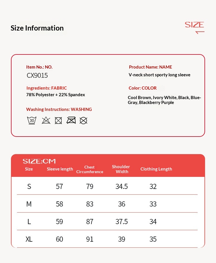Women's Twist-Front V-Neck Long-Sleeve Crop Top - Fabric, care and size chart S to XL