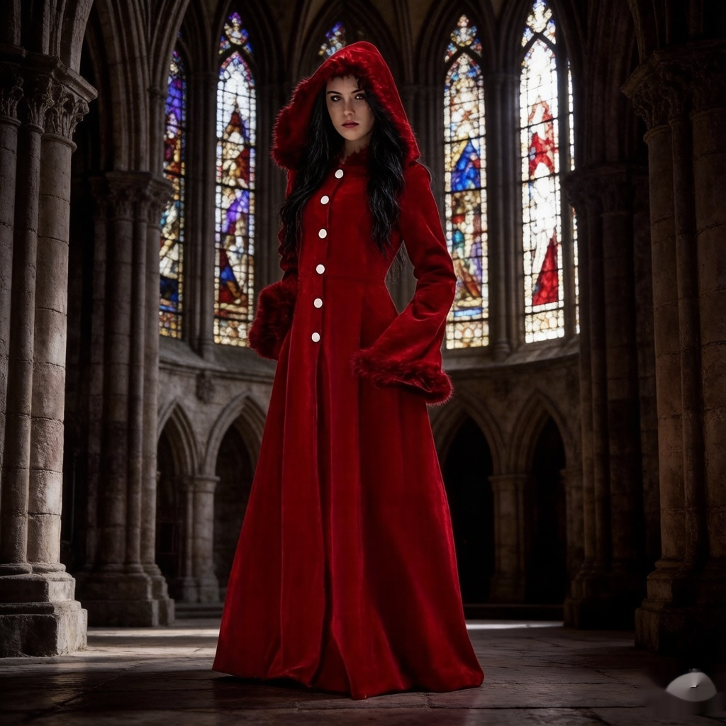 Retro Fur Collar Hood Single-breasted Large Swing Trench Coat product image
