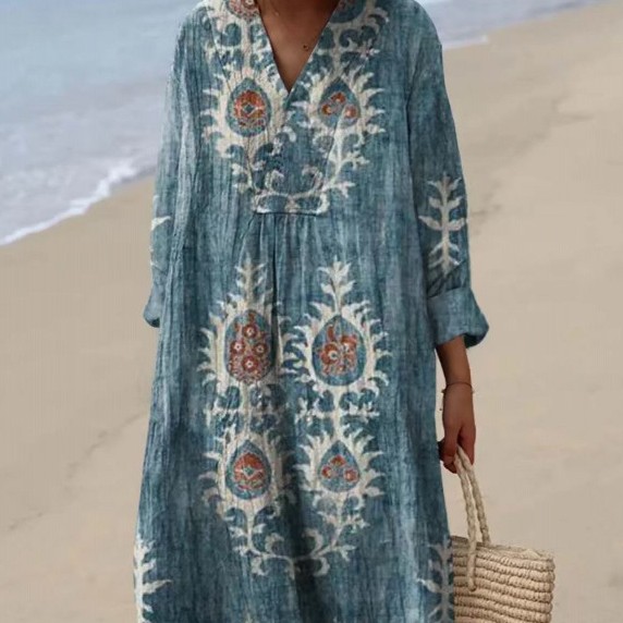 Printed V-neck Popular Stitching Ladies Dress