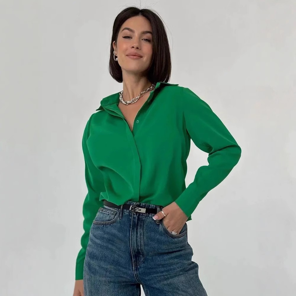 Solid-color Floral-print Loose-fit Long-sleeve Blouse