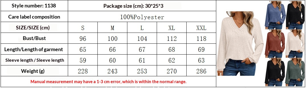 Women's V-Neck Ribbed Long-Sleeve Top - Fabric details and size chart S to XXL