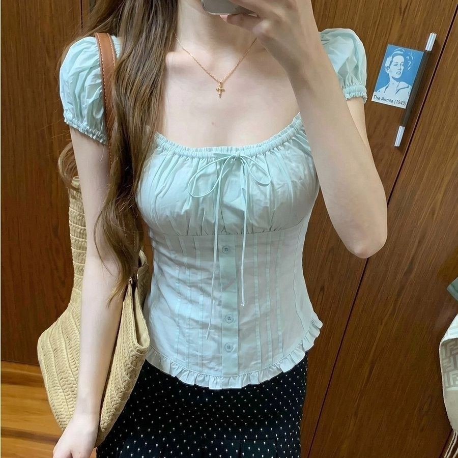 Bubble-sleeve Square-neck Ice-blue Short-sleeve T-shirt