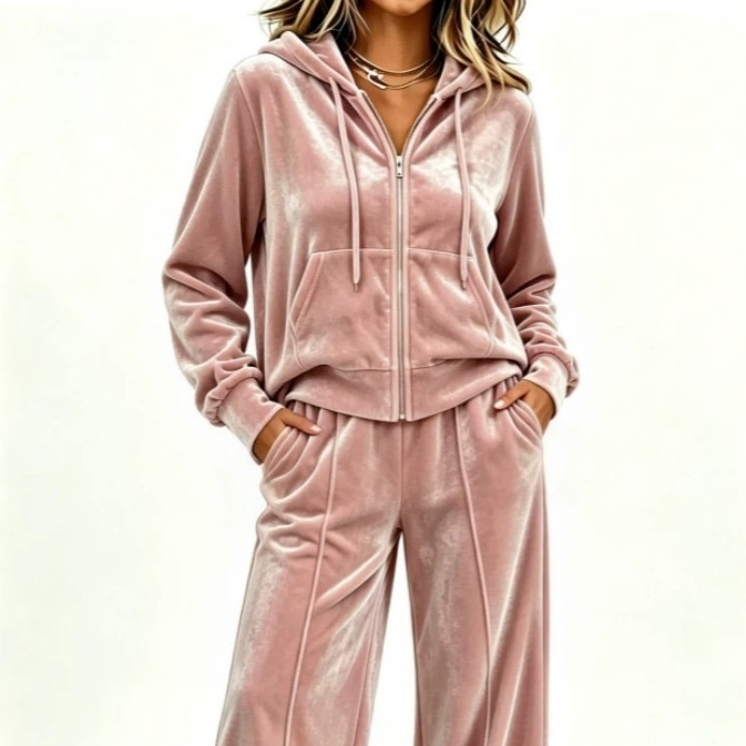 Velvet Hooded Sweatshirt And Wide-leg Pants Casual Set