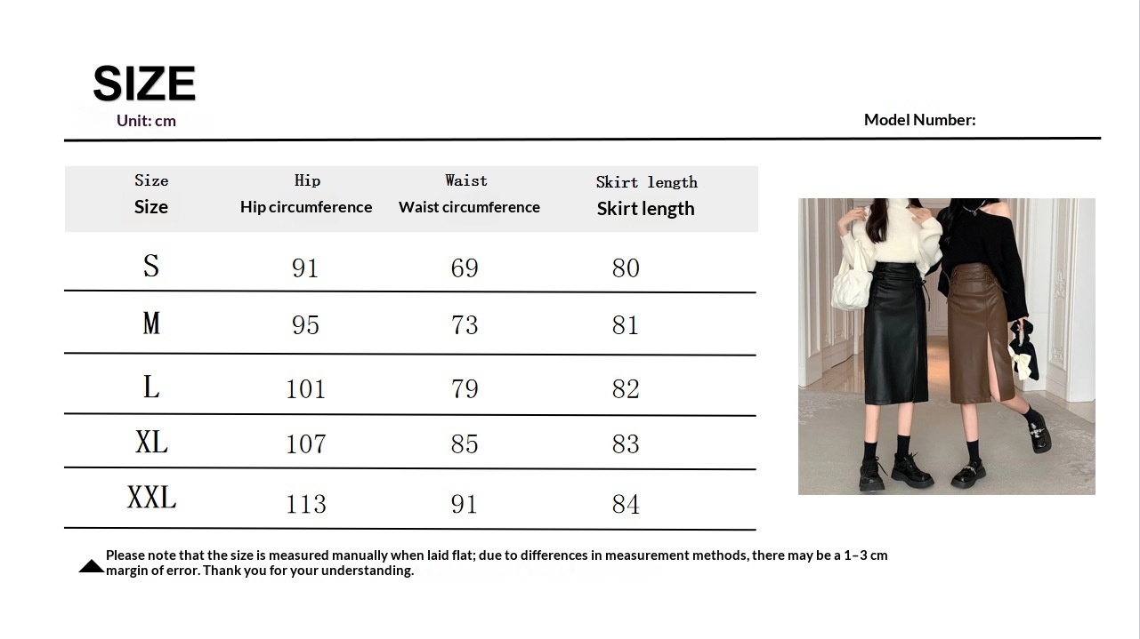 Women's Ruched PU Faux-Leather Midi Skirt with Slit - Supplier size chart S to XXL