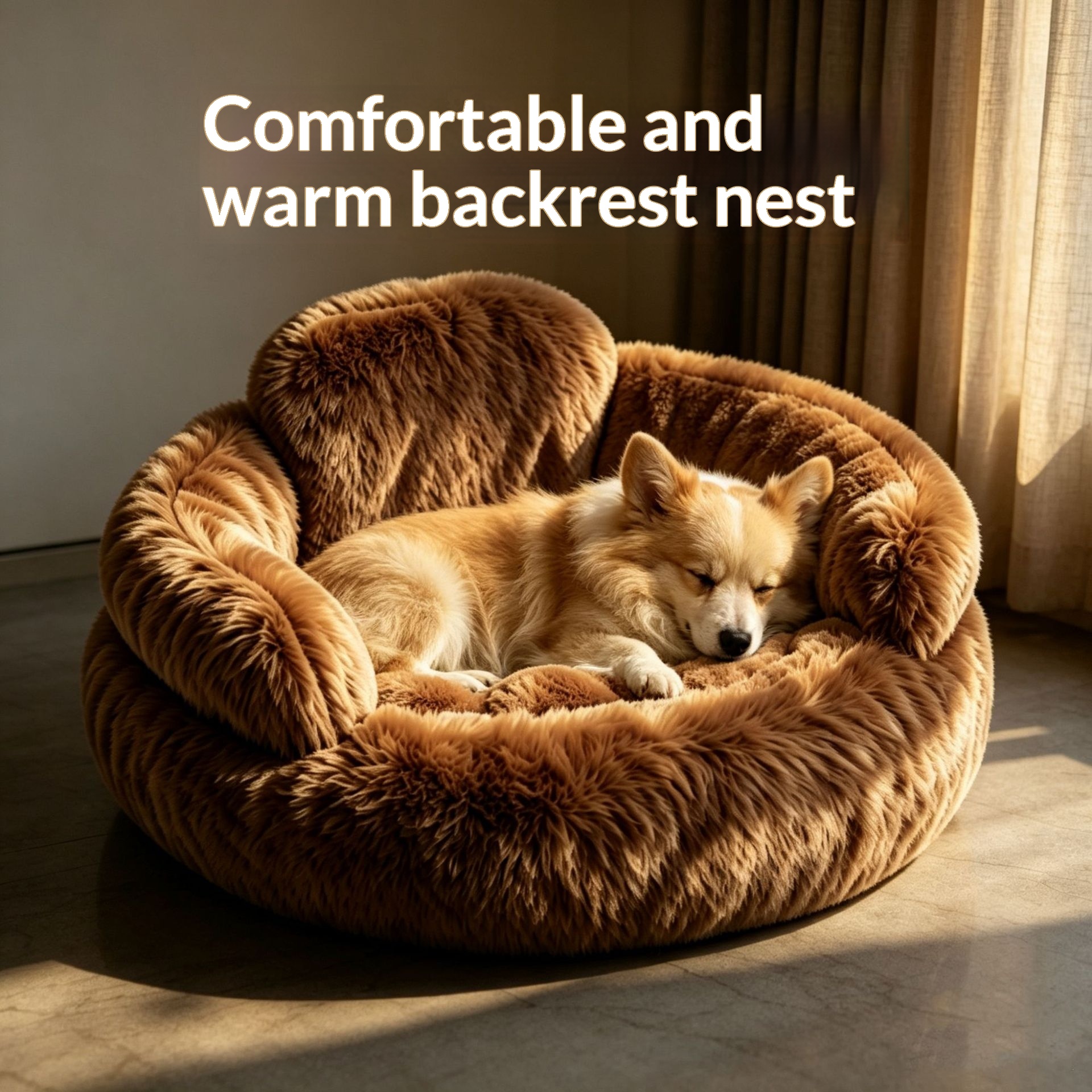 Plush Round Pet Bed Dog Bed Winter Dog Mat Backrest Luxury Nest Brown 60CM
