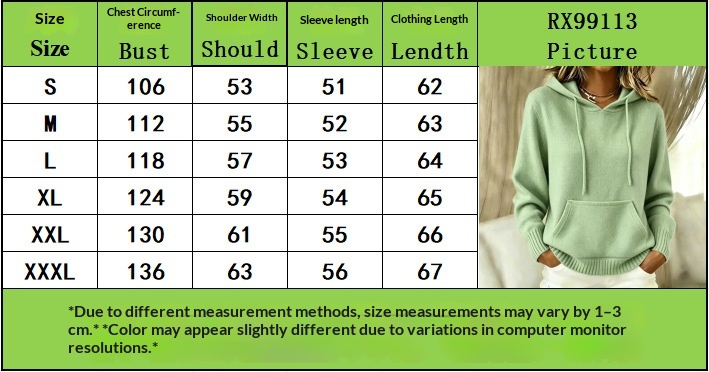 Women's Relaxed Knit Hoodie with Kangaroo Pocket - Size chart S to 3XL