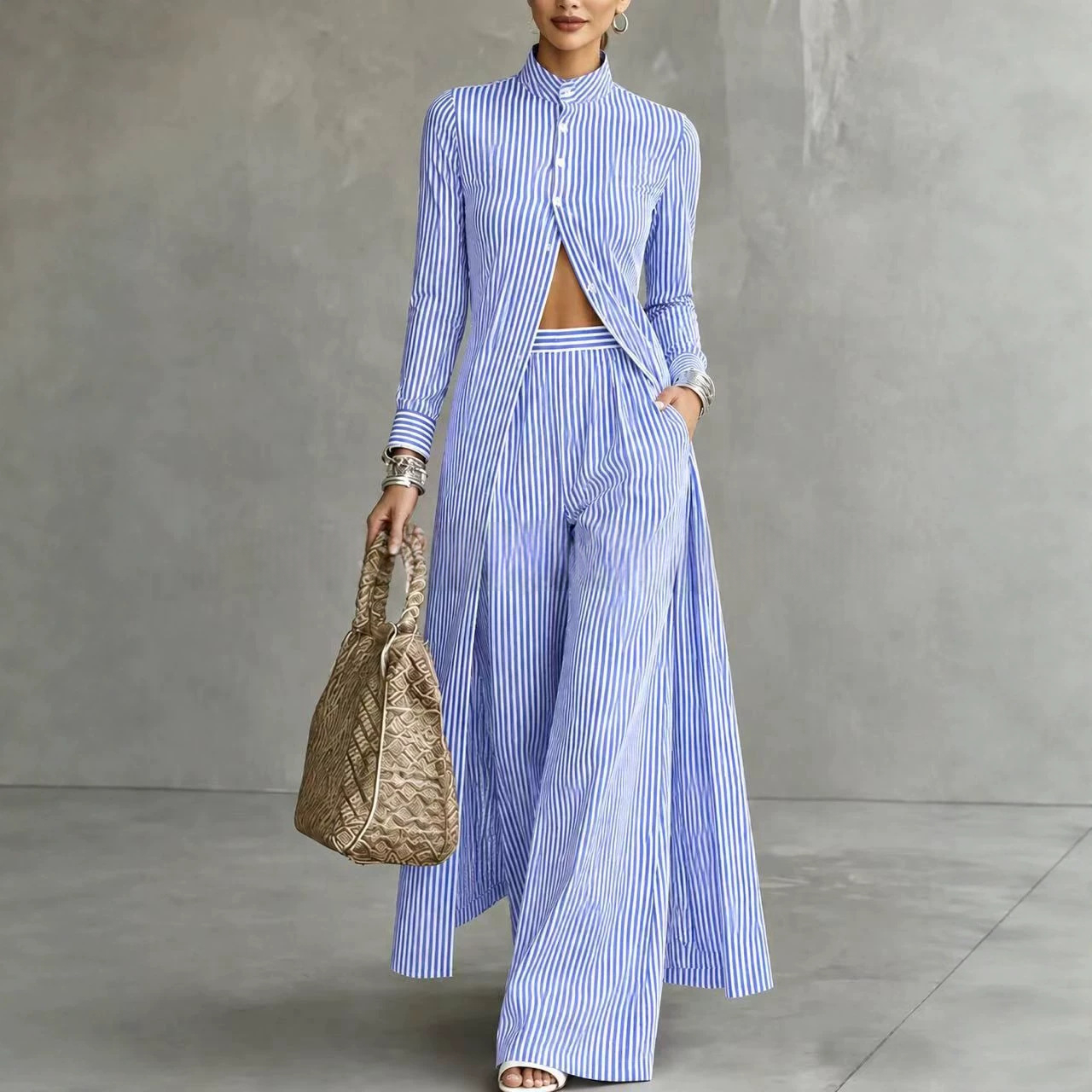 Womens Striped Long-sleeve Top And Straight-leg Pants Set product image