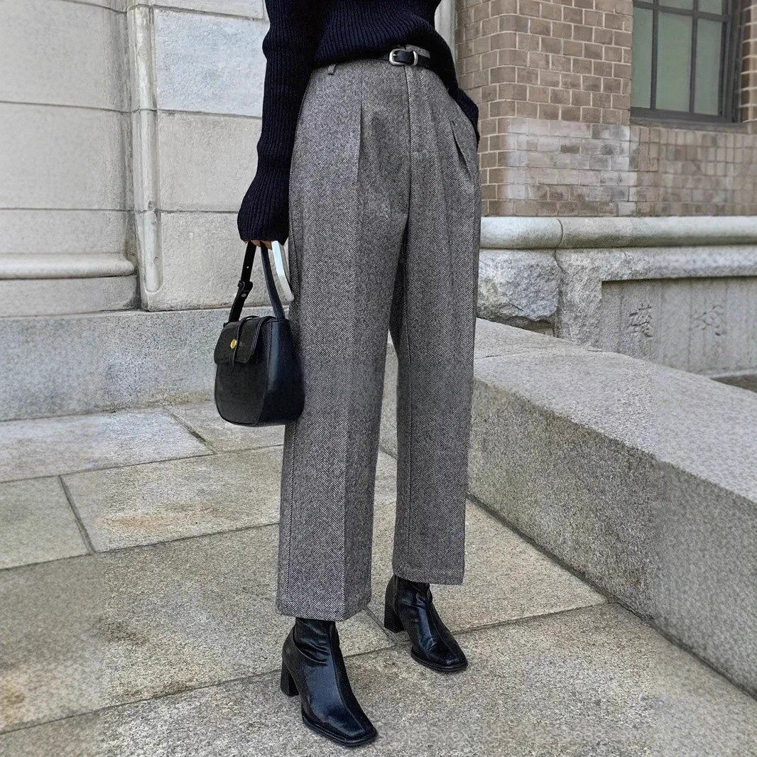 High-waisted Tweed Wide-leg Straight Cropped Pants