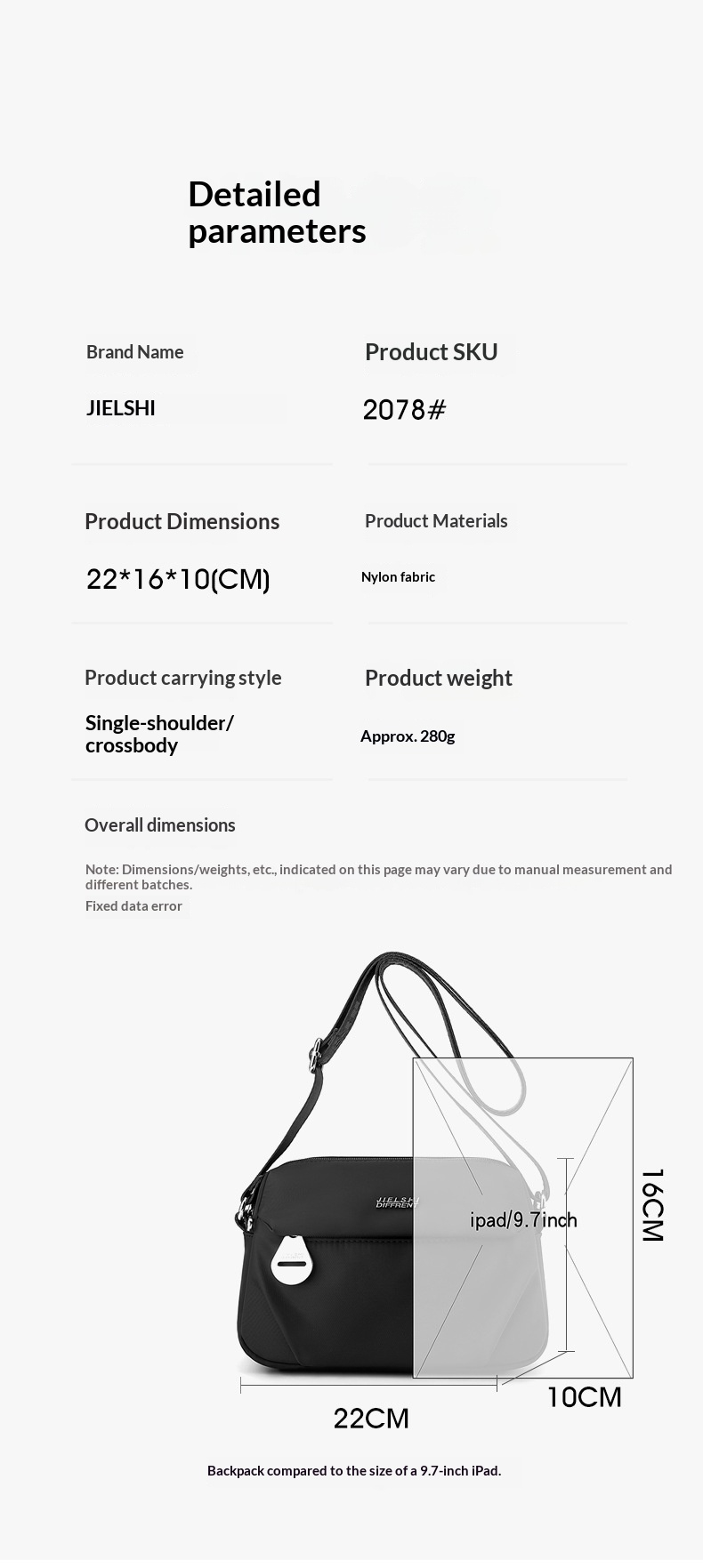 Women's Oxford Fabric Zip-Top Crossbody Bag - Supplier size reference