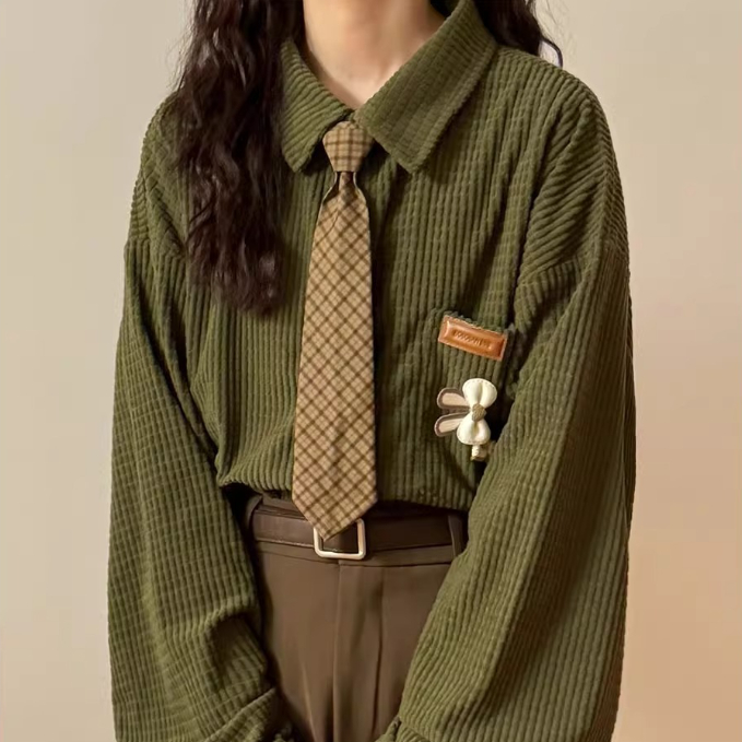 Retro Long-sleeve Shirt Loose-fitting Top Tie Included