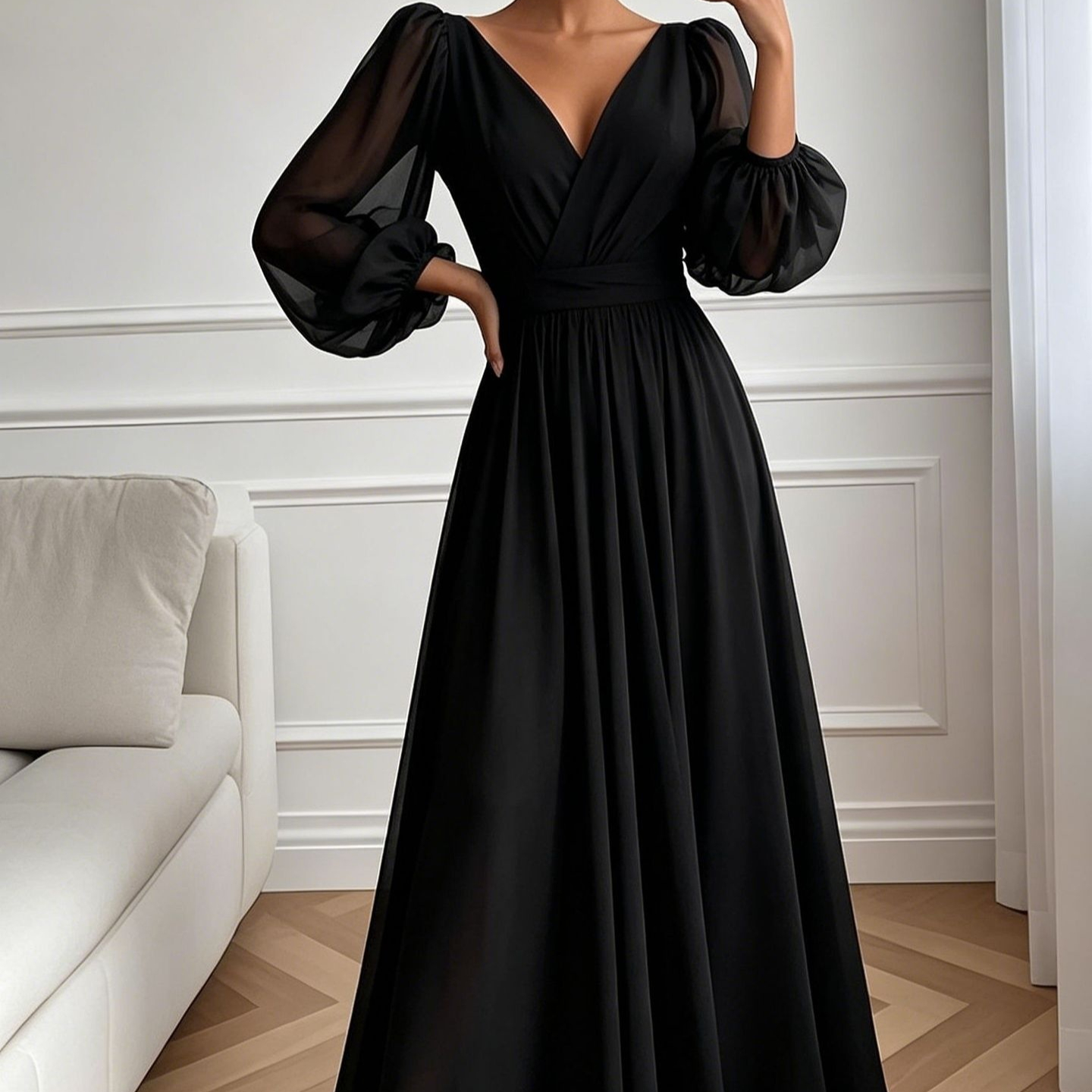 V-neck Waist-controlled Long Sleeves Dress Women