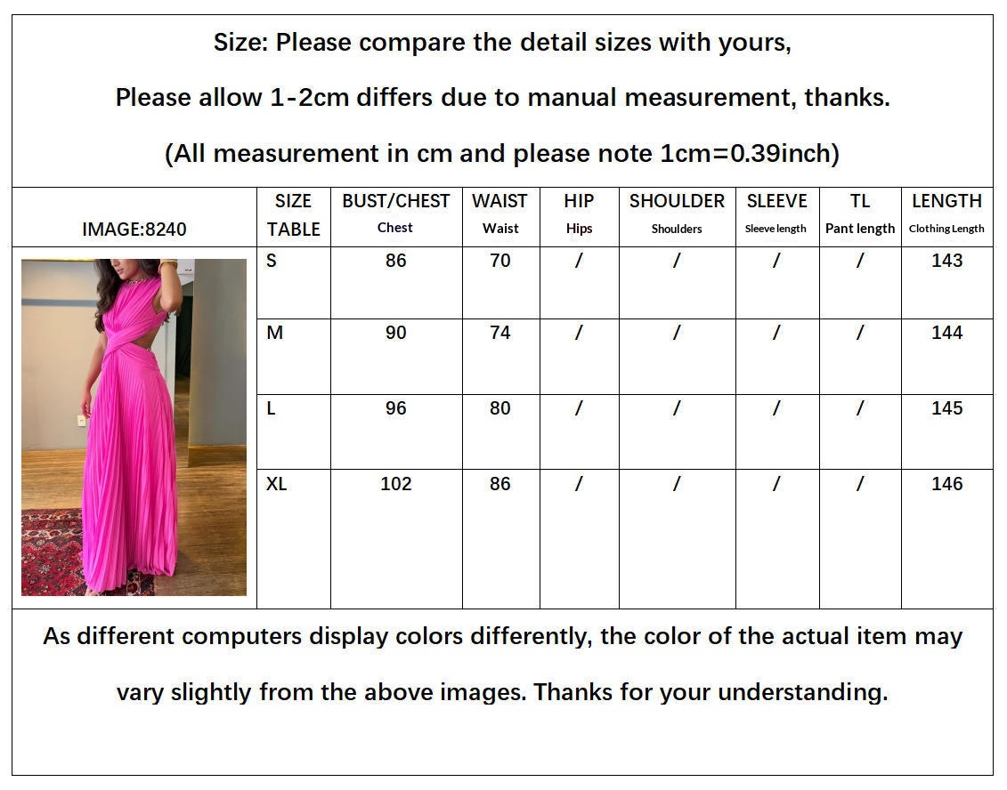 Women's Sleeveless Crossover Cutout Pleated Maxi Dress - Size chart S to XL