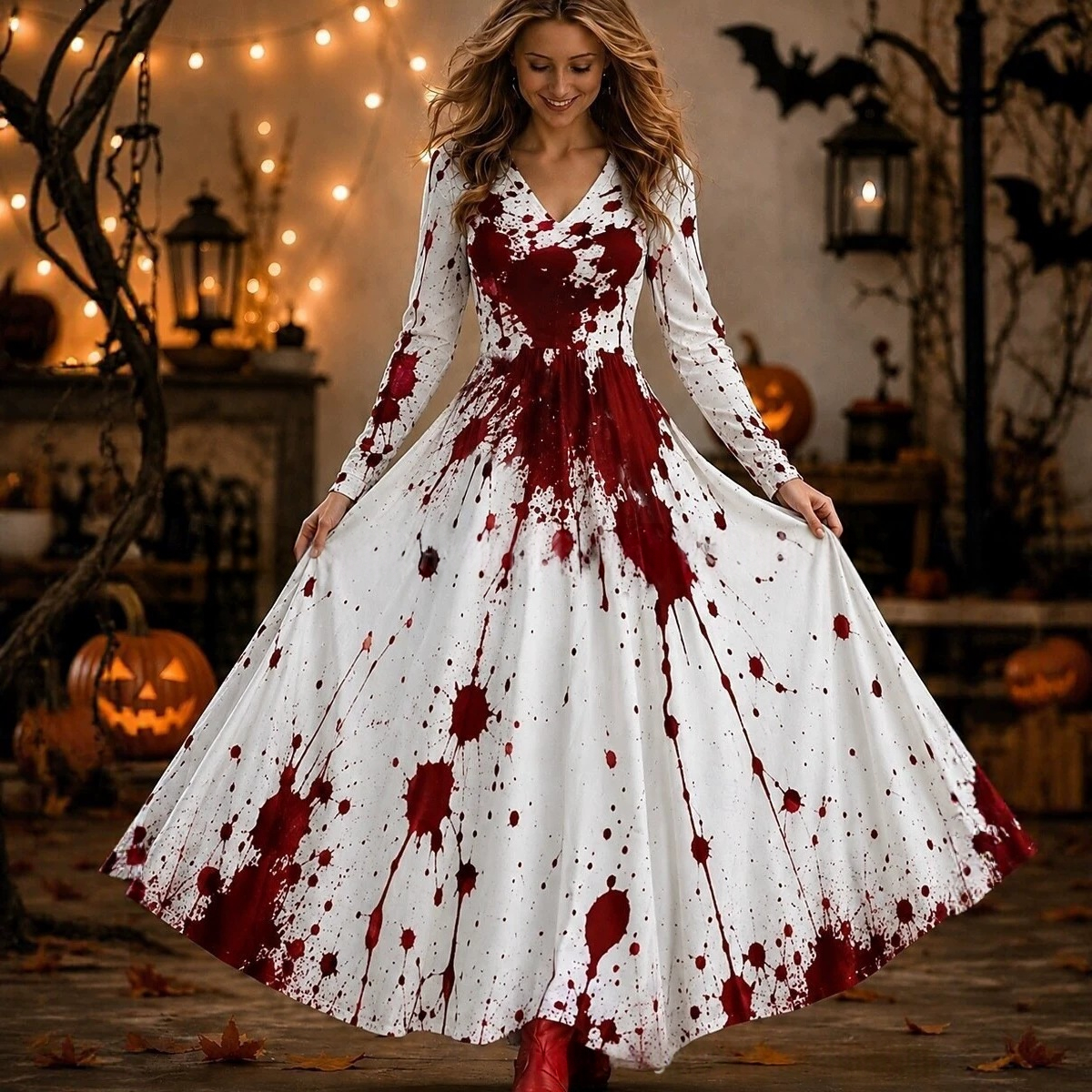 Women's Halloween Printed Dress Vintage V-Neck