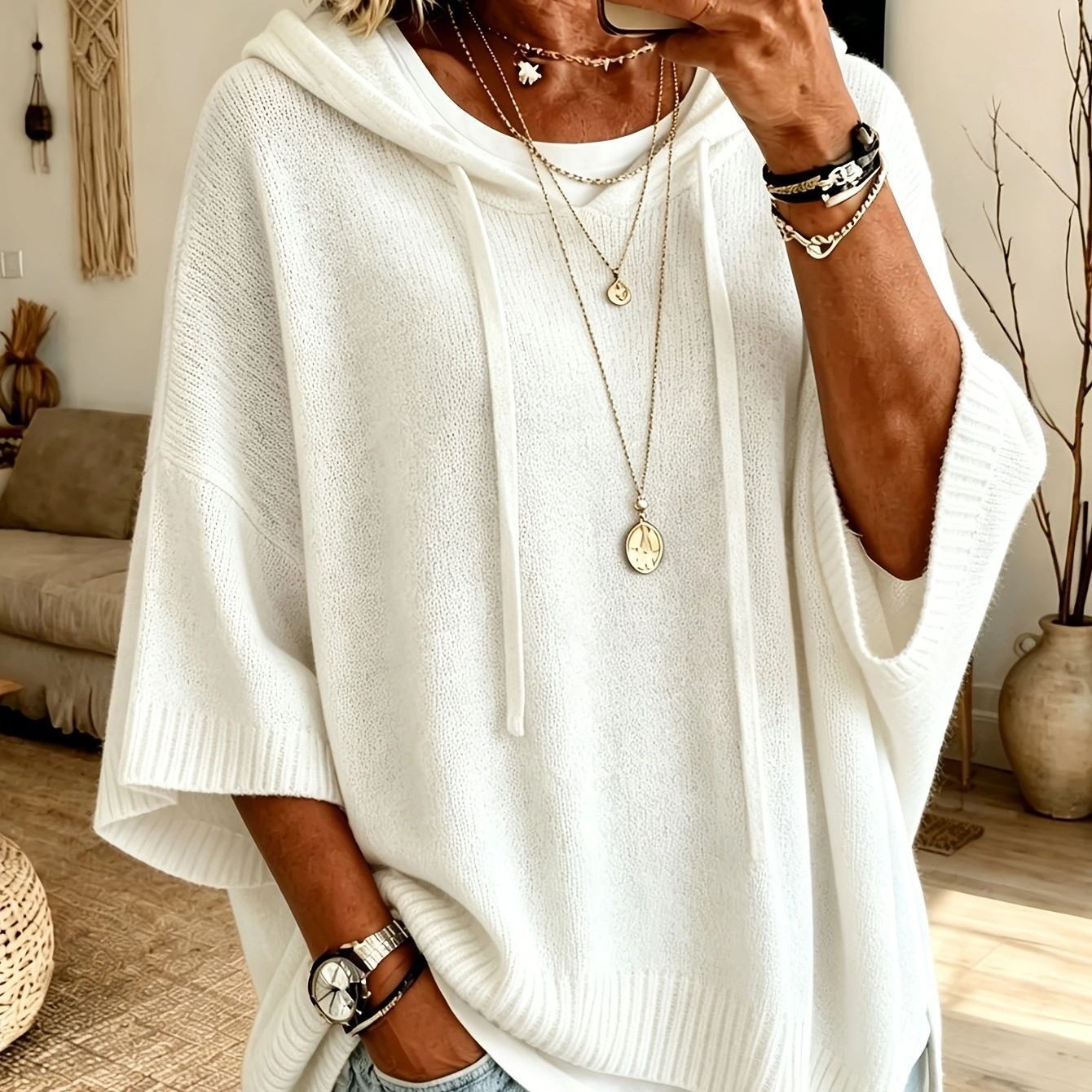 Womens Knitted New-Style Hooded Drawstring Sweater product image