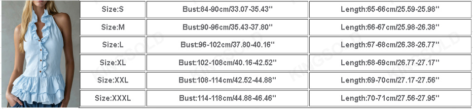 Women's Sleeveless Ruffle-Trim Peplum Blouse - S to XXXL supplier size guide