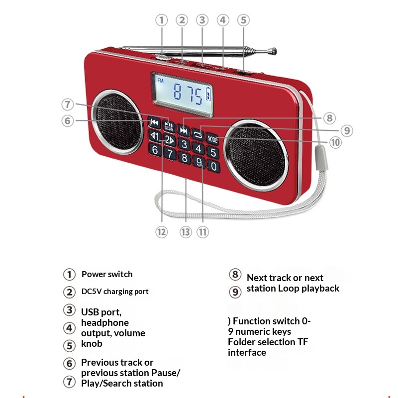 Portable Rechargeable Dual-speaker Bluetooth Multi-function Radio For Seniors