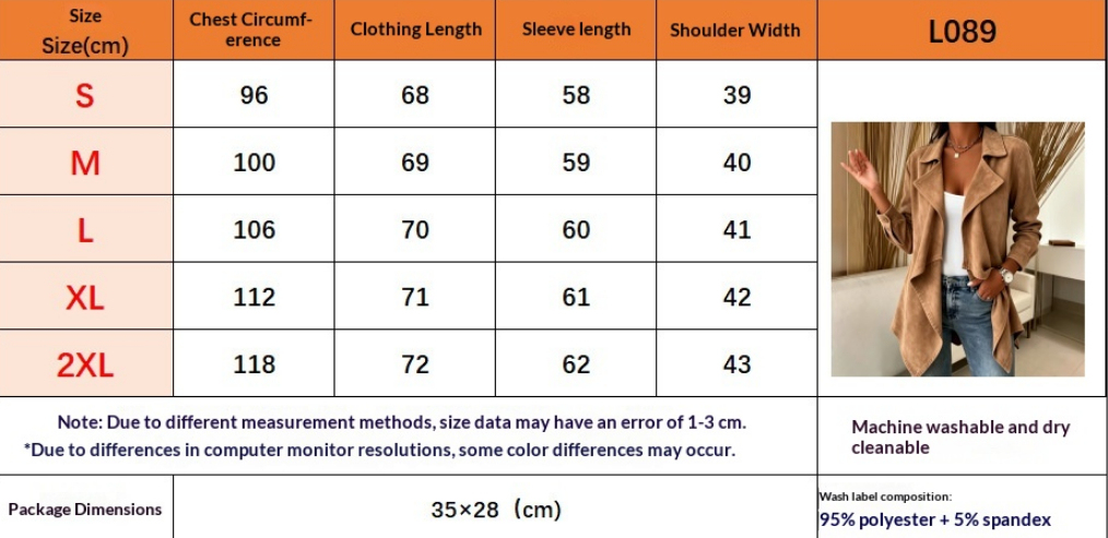 Women's Faux-Suede Waterfall Jacket - S to 2XL measurements in centimetres