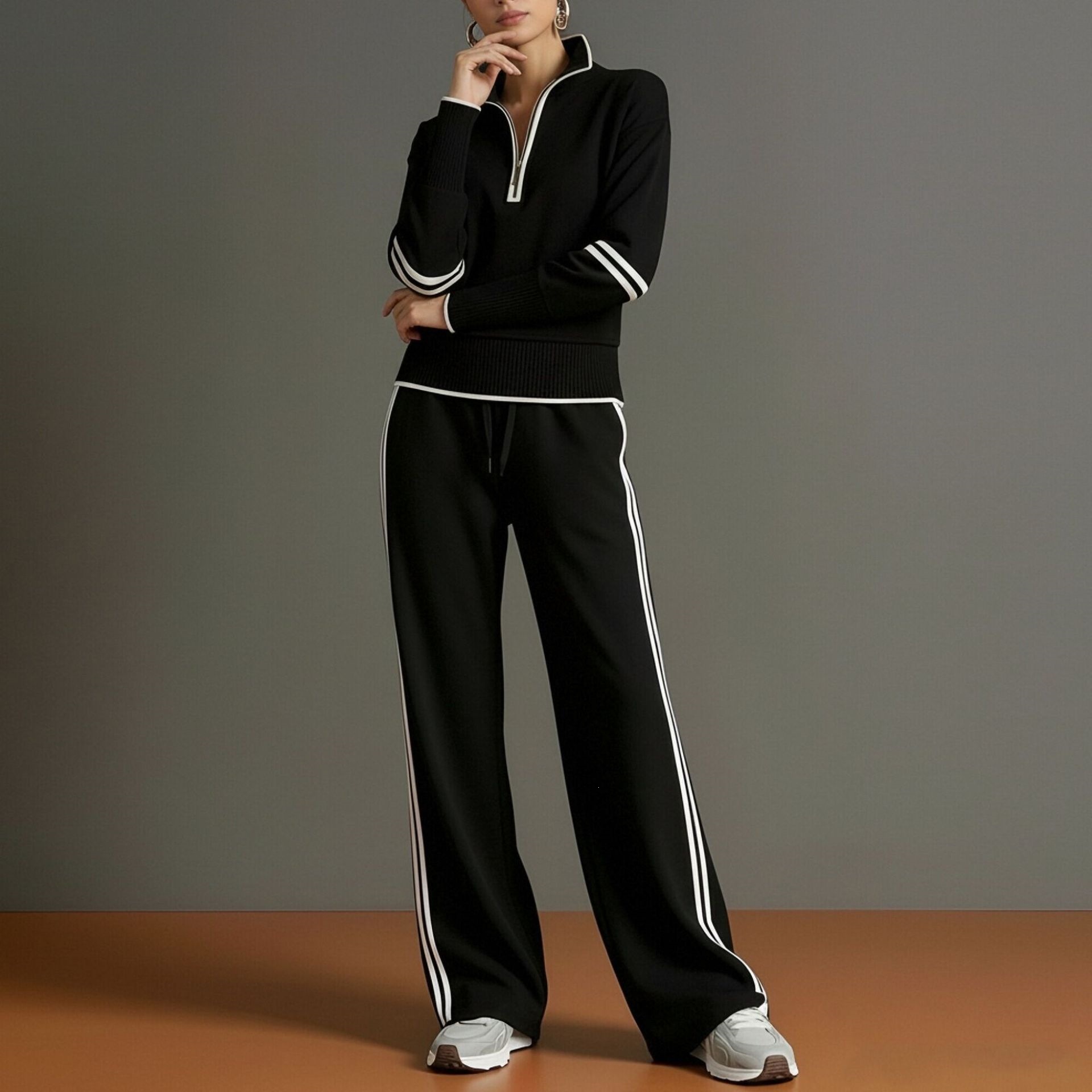 Half-zip striped sweatshirt and wide-leg pants set, additional product image 2