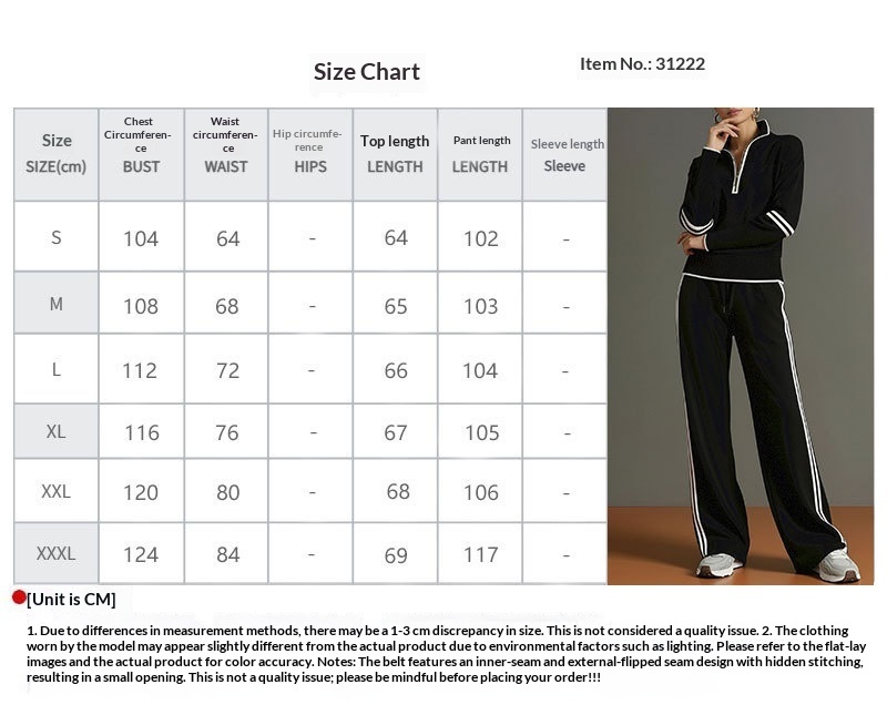 Original supplier size chart for the half-zip striped sweatshirt and wide-leg pants set