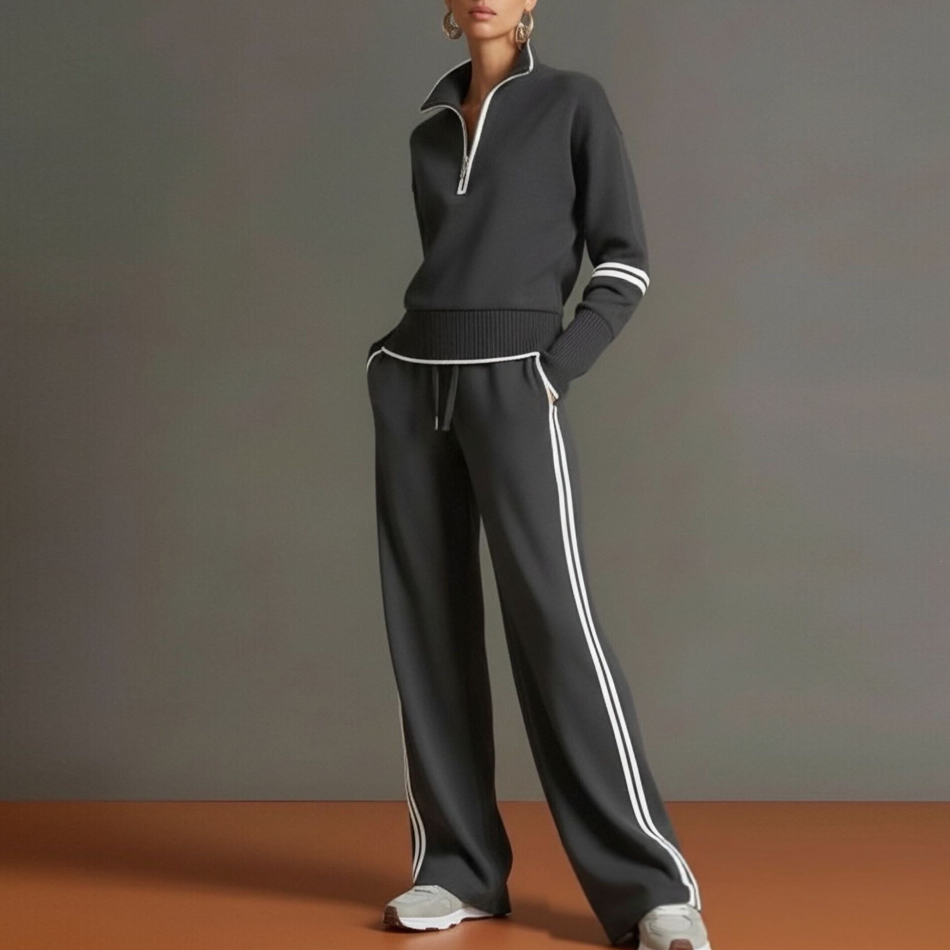 Half-zip striped sweatshirt and wide-leg pants set, additional product image 3