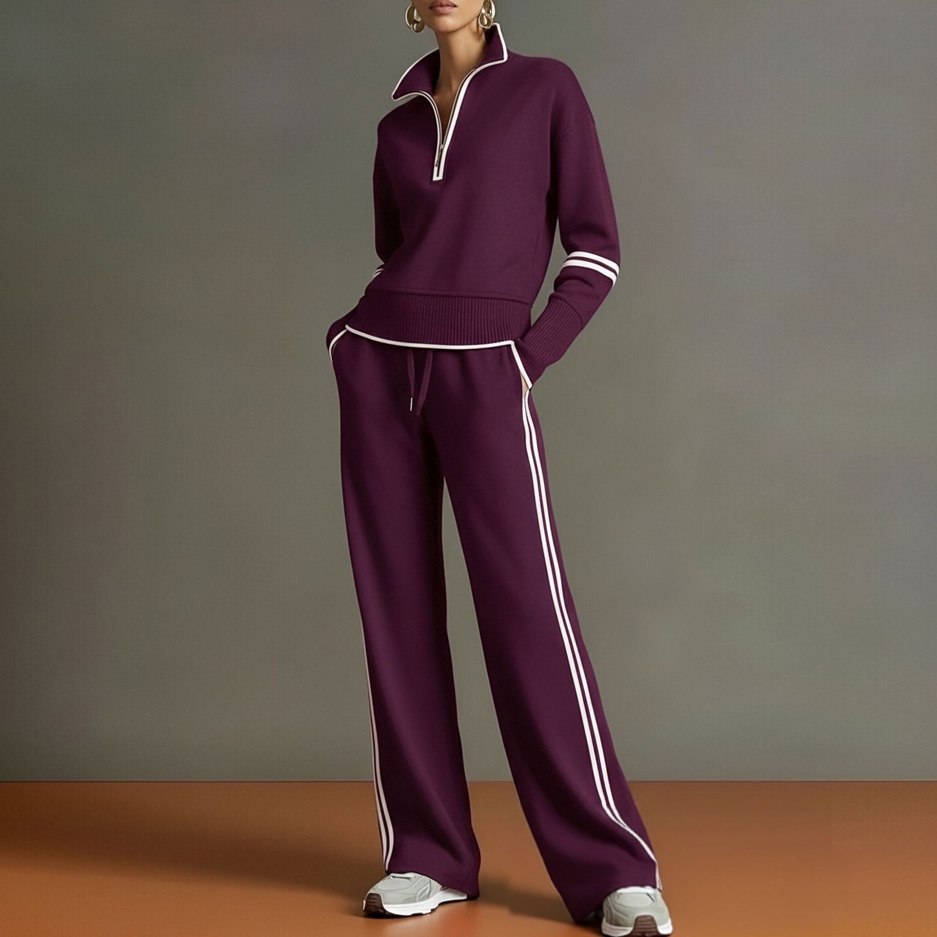Half-zip striped sweatshirt and wide-leg pants set, additional product image 4