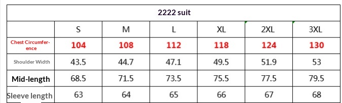 Größentabelle des Lieferanten für den bedruckten Blazer, Maße in Zentimetern