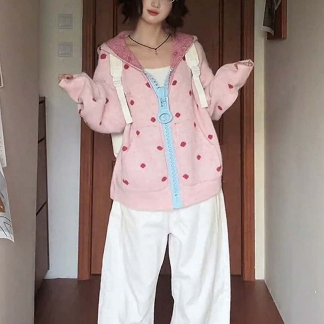 Women Polka Dot Knit Hooded Zip Cardigan