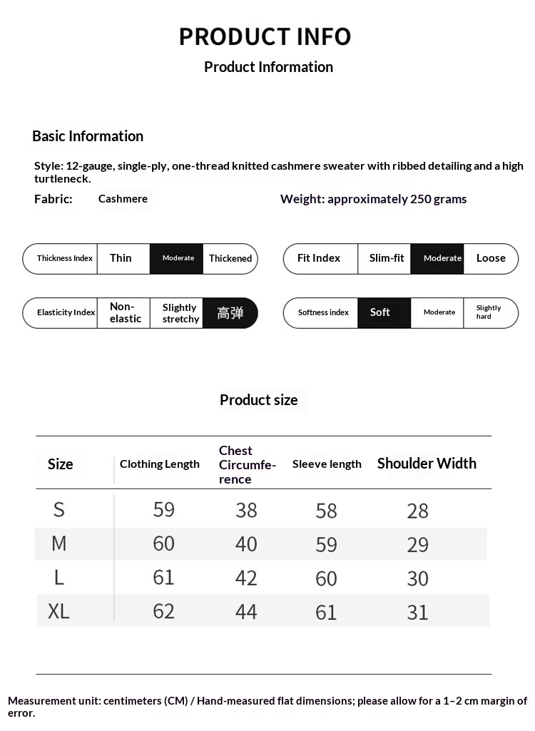Ribbed Turtleneck Sweater - Supplier Product and Size Sheet S to XL