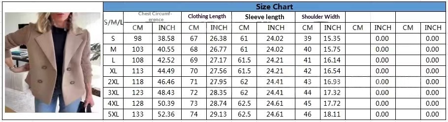 Size chart for The Double-Breasted Knit-Sleeve Blazer Jacket