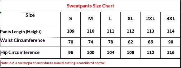 Supplier trouser size chart for the hoodie and jogger set