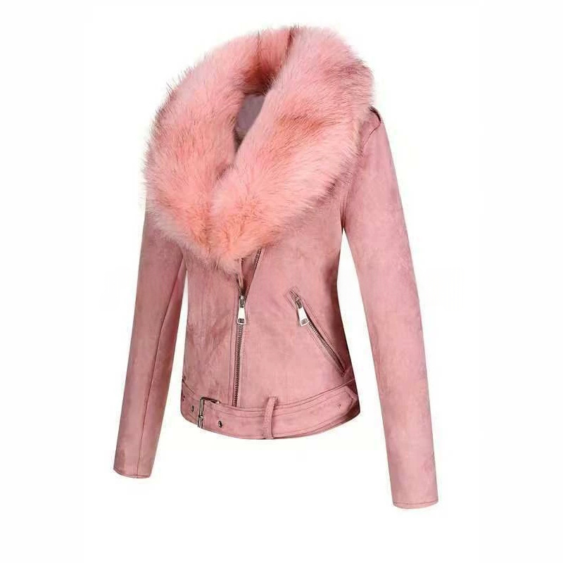 Jachetă damă cu guler de blană culoare solidă Slim Fit și curea