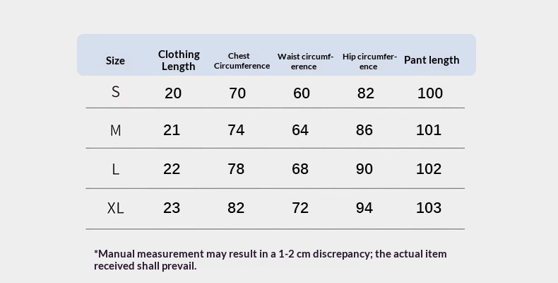 Supplier set size chart showing top length, chest, waist, hips and trouser length for S to XL