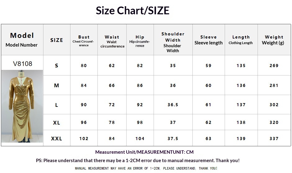 Women's Metallic Wrap Evening Gown - Size Chart