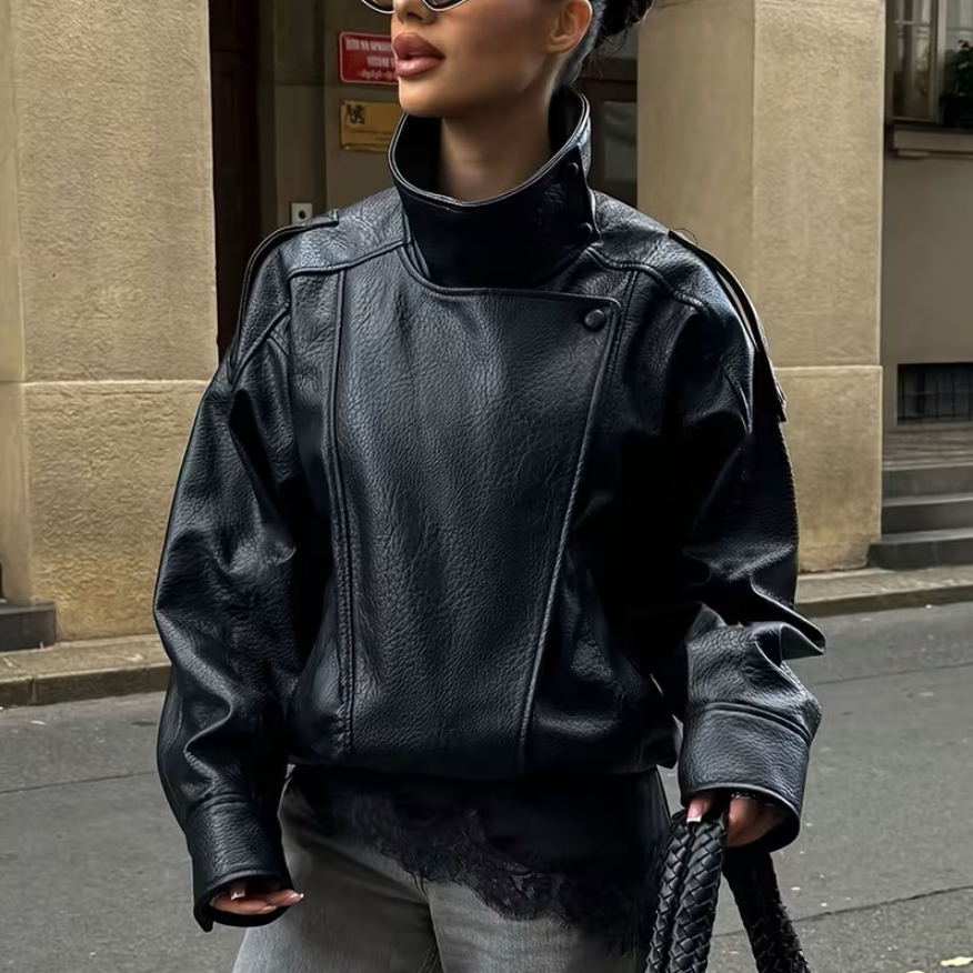 Women's Stand-collar Leather Jacket, Loose-fitting Short PU Leather Jacket