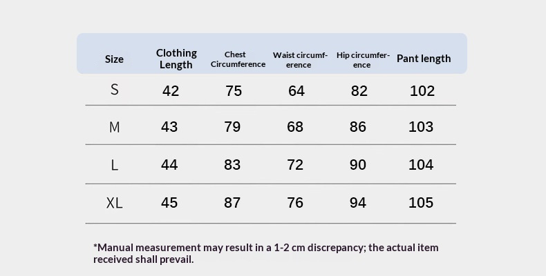 Supplier set size chart showing top length, chest, waist, hips and trouser length for S to XL