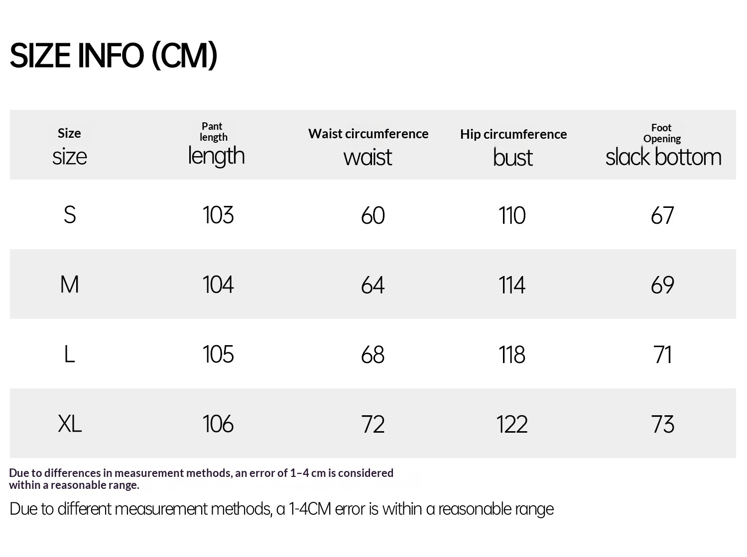 Supplier trouser size chart for the contrast-piping jacket and wide-leg trouser set