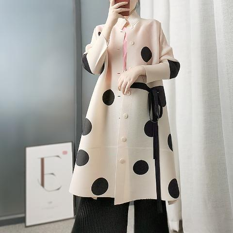 Stand-collar Slightly Mature Printed Polka-dot Issey Miyake-style Trench Coat