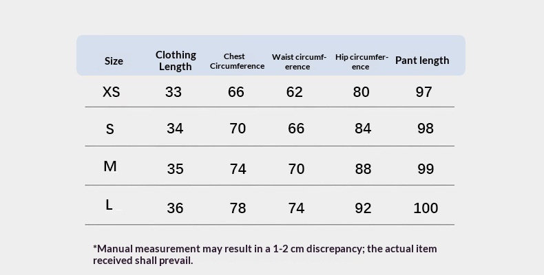 Supplier set size chart showing top length, chest, waist, hips and trouser length for XS to L