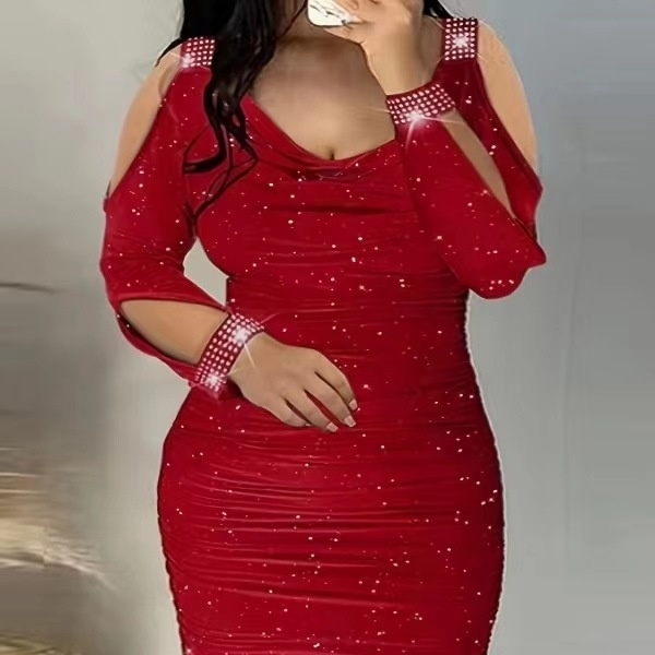 Bodycon V-neck Dress With Waist-cinching Pleats And Rhinestone Detailing