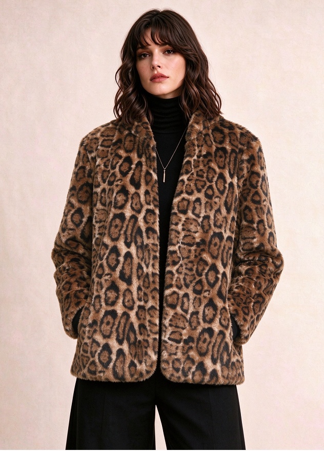 Hooded Leopard Print Faux Fur Belted Short Coat