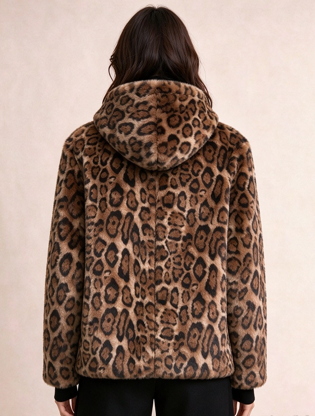 Hooded Leopard Print Faux Fur Belted Short Coat