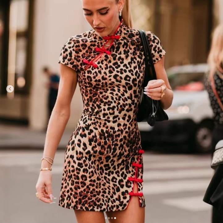 Stand-collar Qipao Dress With Side Slit