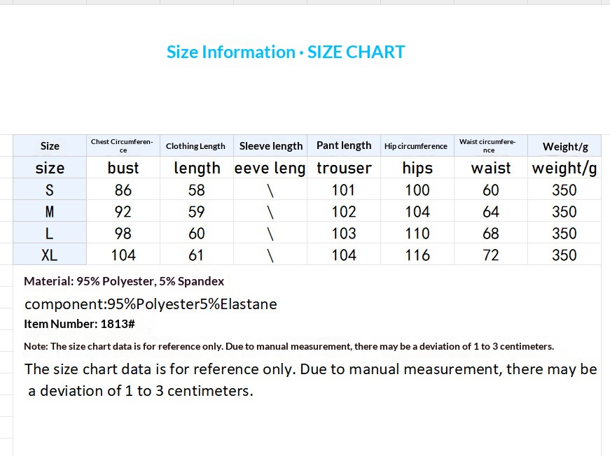 Long-Sleeve Top and Trouser Set - Supplier Model 1813 Size Chart S to XL