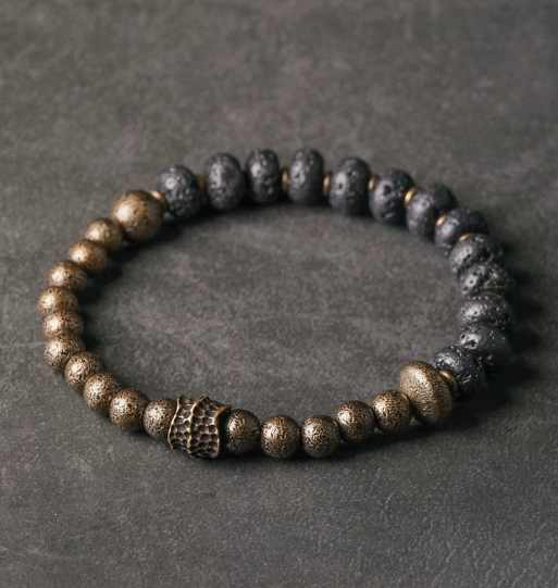 Black Volcanic Stone Bead Bracelet With Vintage Brass Accents