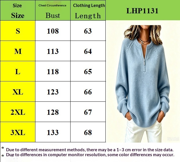 Half-Zip Knit Sweater - Model LHP1131 Supplier Bust and Length Size Chart S to 3XL