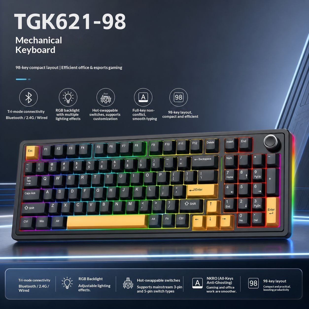 Three-mode Wireless Bluetooth RGB Gaming Keyboard