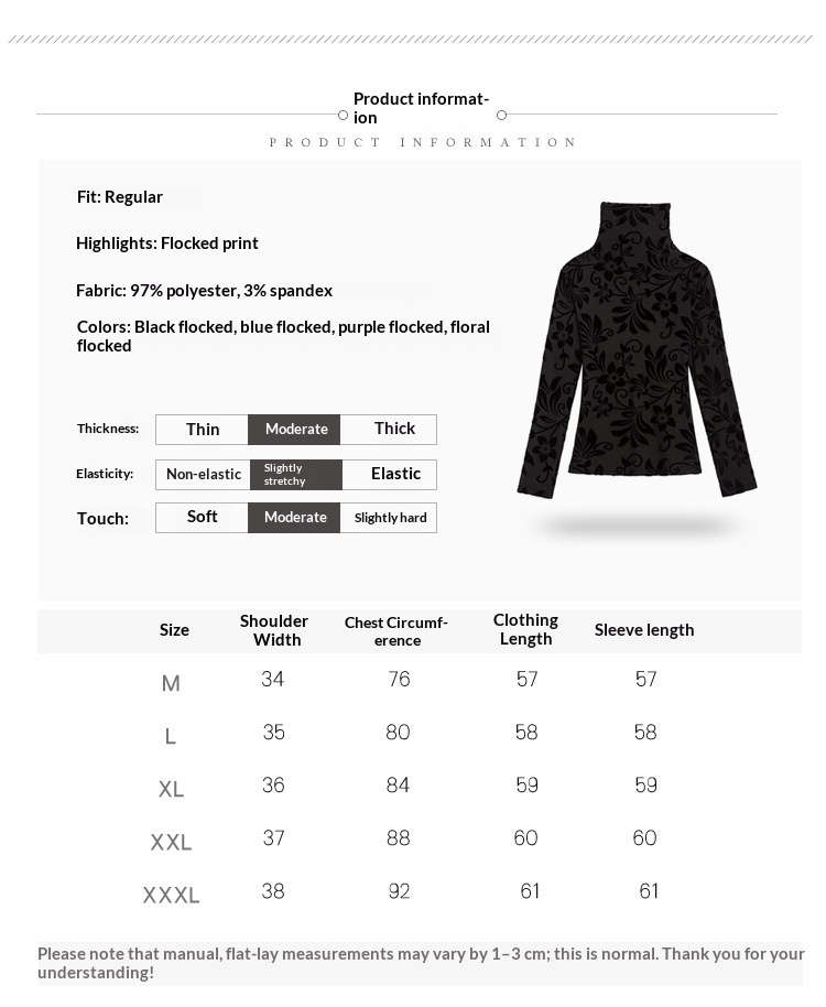 Flocked Sheer Mesh High-Neck Top - Supplier Product Information and Size Chart M to 3XL
