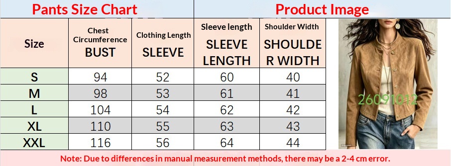 Original supplier size chart for stand-collar button-front jacket, sizes S to XXL