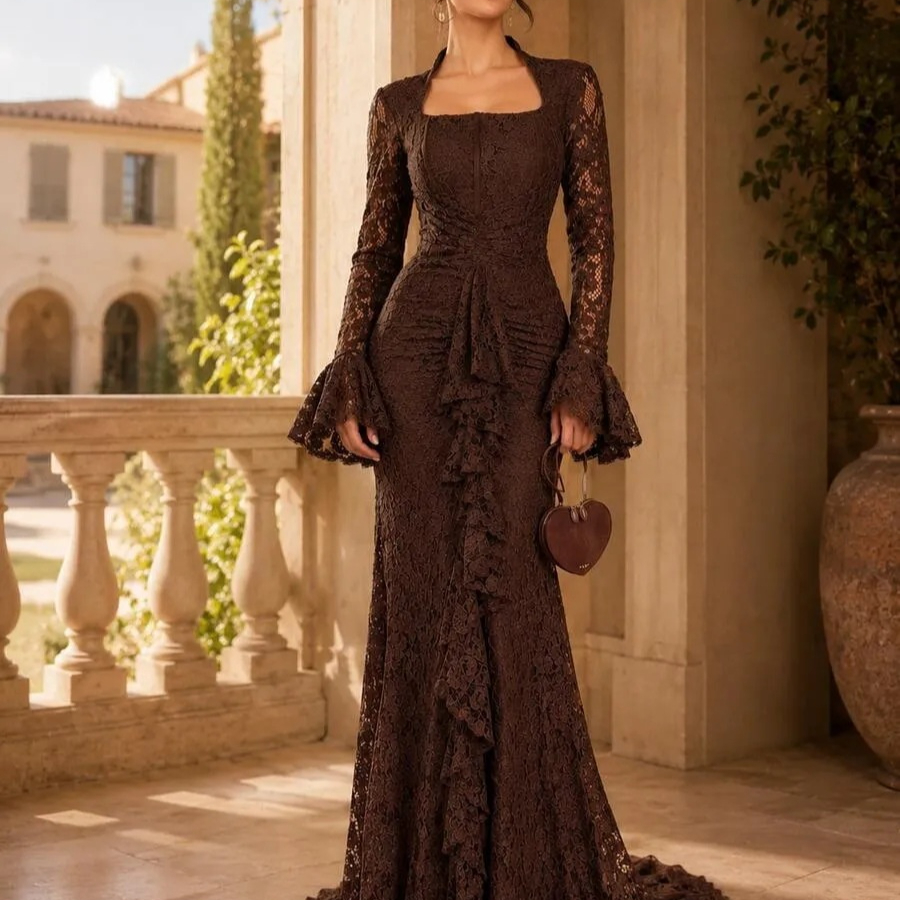 Retro Court-style Deep Brown Lace Long-sleeve Dress