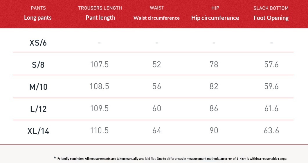 Supplier size chart for high-waisted wide-leg trousers